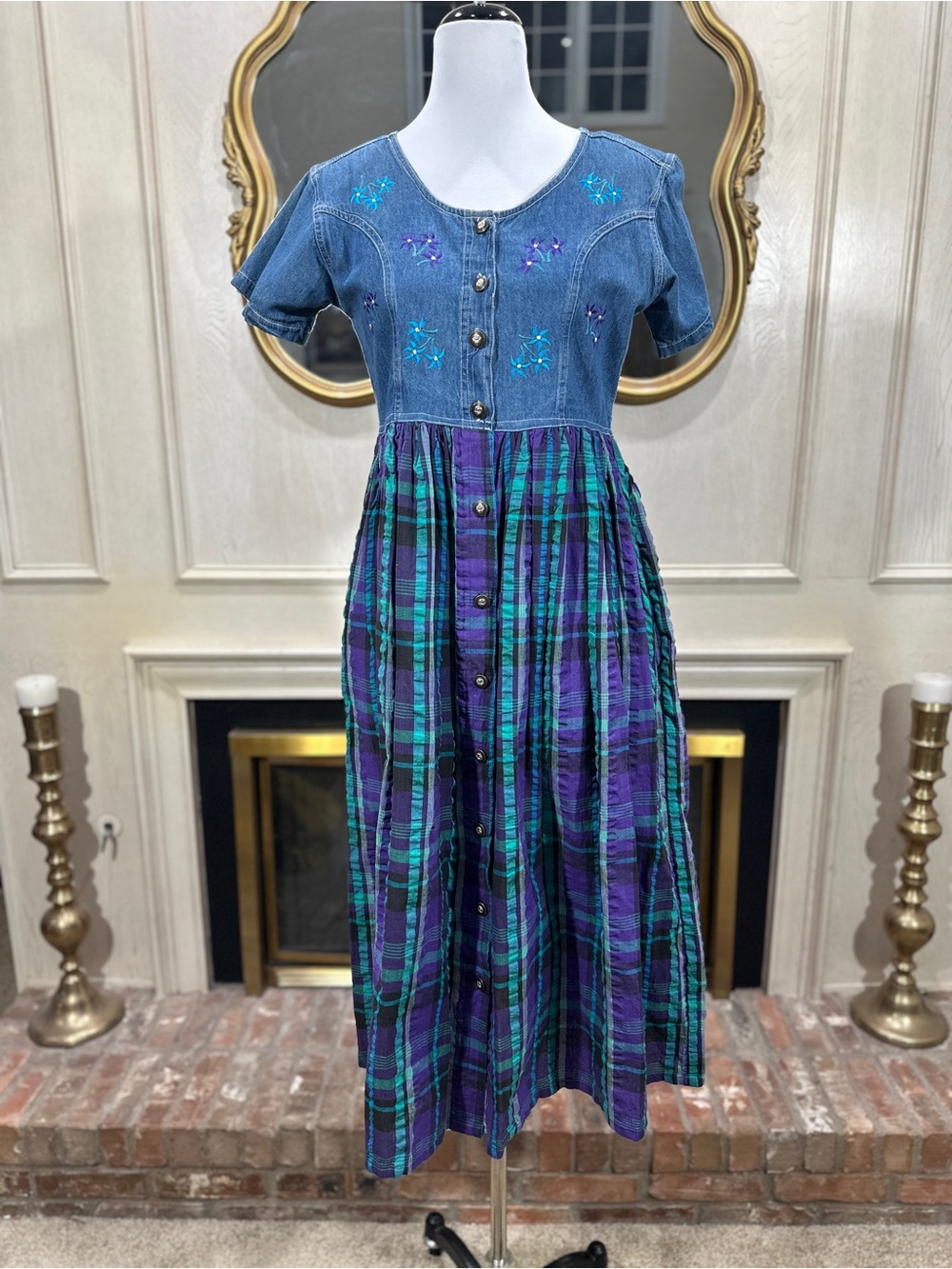 Jane Ashley Denim Plaid Dress size M Vintage Cottagecore Grannycore Boho